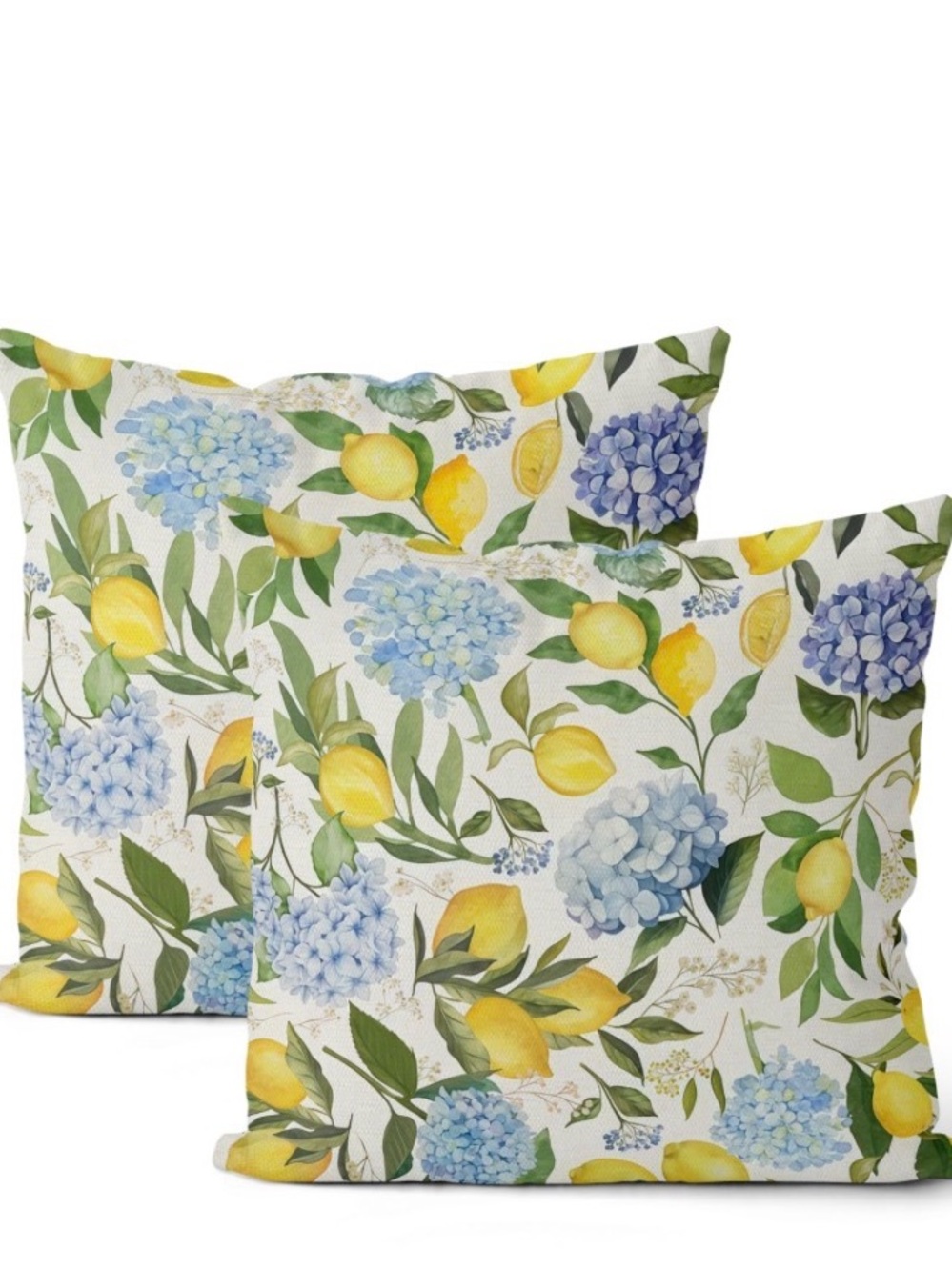 Lemon & Hydrangea Decorative Throw Pillow Set - White, Yellow, Blue